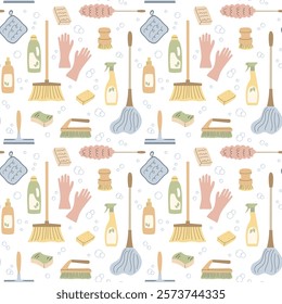 Seamless pattern with cleaning tools. Cleaning service supplies in minimalistic flat design. Cleanup accessories Brushes, gloves, mops, and detergent. Household background for print and design