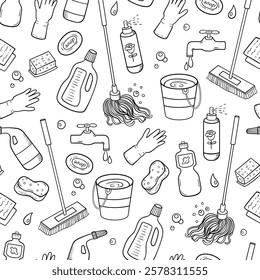 Seamless pattern with cleaning tools, soap, mop, brushes and detergents. Hand drawn vector background