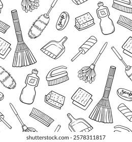 Seamless pattern with cleaning tools, soap, broom, brushes and detergents. Hand drawn vector background