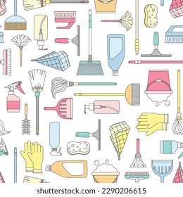 Seamless pattern cleaning tools and supplies colourful abstract wallpaper illustration background vector design - squeegee, mop, broom, bucket, sponge, brush, cloth, duster, etc.
