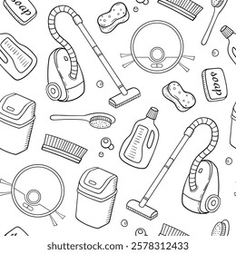 Seamless pattern with cleaning tools, vacuum cleaner and detergents. Hand drawn vector background