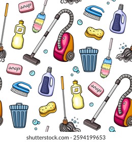 Seamless pattern with cleaning tools, vacuum cleaner and detergents. Hand drawn vector background