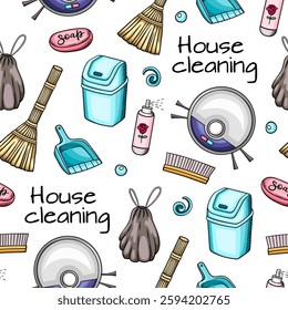 Seamless pattern with cleaning tools, vacuum cleaner, broom and detergents. Hand drawn vector background
