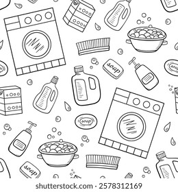 Seamless pattern with cleaning tools, washing machine and detergents. Hand drawn vector background