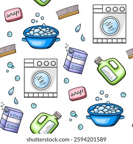 Seamless pattern with cleaning tools, washing machine and detergents. Hand drawn vector background