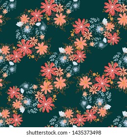 Seamless pattern clear shaped flowers mixed bouguet. Simple flowers in bouguets