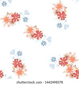 Seamless pattern clear shaped flowers mixed bouguet. Simple flowers in bouguets