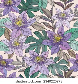 Seamless Pattern with Clematis Flowers. Floral Background for Wallpaper, Print, Fabric, Textile. Summer Blooming Purple Flowers and Leaves. Vector illustration