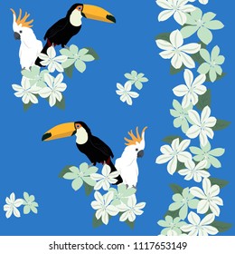 A seamless pattern with Clematis flowers, a parrot and a tuccan bird on a blue background. For decorating textiles, packaging and wallpaper. Vector illustration.