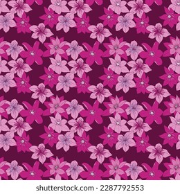 Seamless pattern with clematis. Hand-drawn bright flowers on a dark background. Beautiful and delicate flowers.