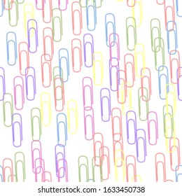Seamless pattern clerical colorful paper clips isolated on white background. Bright rainbow paper clips top view.  Office supplies. Vector illustration