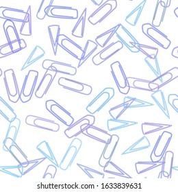 Seamless pattern clerical colorful paper clips isolated on white background. Bright paper clips top view. Office supplies. Vector illustration