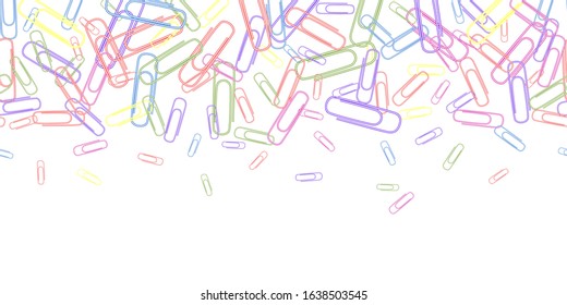 Seamless pattern clerical colorful paper clips isolated on white background. Bright rainbow paper clips top view. Office supplies. Vector illustration