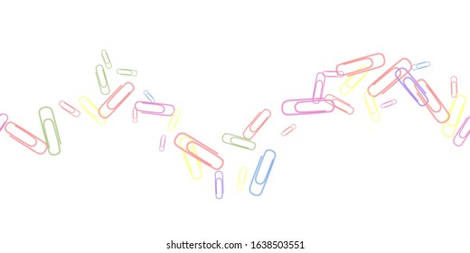 Seamless pattern clerical colorful paper clips isolated on white background. Bright rainbow paper clips top view. Office supplies. Vector illustration