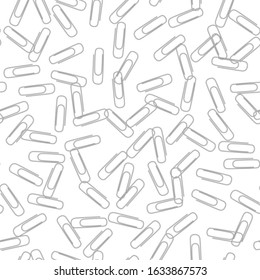 Seamless pattern clerical realistic metal paper clips isolated on white background. 3d metal paper clips top view. Office supplies. Vector illustration