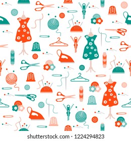 Seamless pattern with clew, knitting needles, mannequin, dress, hangers, zipper, needles, thimble, pins, threads, buttons, scissors, sewing machine, iron. Sewing and needlework background.