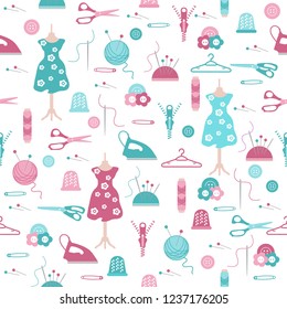 Seamless pattern with clew, knitting needles, mannequin, dress, hangers, zipper, needles, thimble, pins, threads, buttons, scissors, sewing machine, iron. Sewing and needlework background.