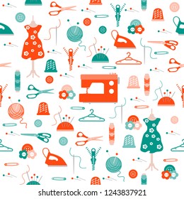 Seamless pattern with clew, knitting needles, mannequin, dress, hangers, zipper, needles, thimble, pins, threads, buttons, scissors, sewing machine, iron. Sewing and needlework background.