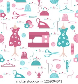 Seamless pattern with clew, knitting needles, mannequin, dress, hangers, zipper, needles, thimble, pins, threads, buttons, scissors, sewing machine, iron. Sewing and needlework background.