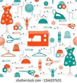 Seamless pattern with clew, knitting needles, mannequin, dress, hangers, zipper, needles, thimble, pins, threads, buttons, scissors, sewing machine, iron. Sewing and needlework background.