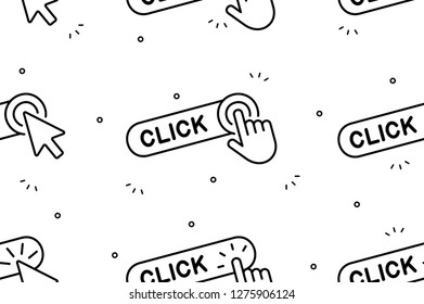 Seamless pattern with Click here button with hand icon and Click here button with Cursor icon. Isolated on White background