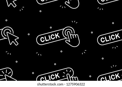 Seamless pattern with Click here button with hand icon and Click here button with Cursor icon. Isolated on Black background