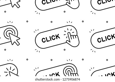 Seamless pattern with Click here button with hand icon and Click here button with Cursor icon. Isolated on White background