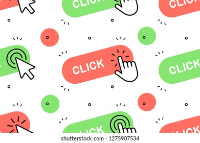 Seamless pattern with Click here button with hand icon and Click here button with Cursor icon. Isolated on White background