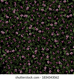 Seamless pattern of climbing flowers pattern on a black background, cartoon style, pink flower, loach, print, textile, for clothes, wallpaper, fabric, for congratulations, greeting, dark, ornament