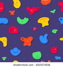 Seamless pattern of climbing grips or holds in the gym bouldering training flat style design vector illustration. Holds for the rock climbing walls. Crimps, jugs, pinches, slopers elements icon signs.