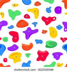 Seamless pattern of climbing grips or holds in the gym bouldering training flat style design vector illustration. Holds for the rock climbing walls. Crimps, jugs, pinches, slopers elements icon signs.