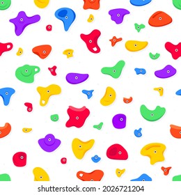 Seamless pattern of climbing grips or holds in the gym bouldering training flat style design vector illustration. Holds for the rock climbing walls. Crimps, jugs, pinches, slopers elements icon signs.