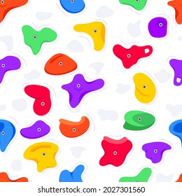 Seamless pattern of climbing grips or holds in the gym bouldering training flat style design vector illustration. Holds for the rock climbing walls. Crimps, jugs, pinches, slopers elements icon signs.