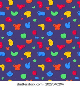 Seamless pattern of climbing grips or holds in the gym bouldering training flat style design vector illustration. Holds for the rock climbing walls. Crimps, jugs, pinches, slopers elements icon signs.