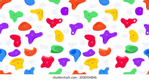 Seamless pattern of climbing grips or holds in the gym bouldering training flat style design vector illustration. Holds for the rock climbing walls. Crimps, jugs, pinches, slopers elements icon signs.
