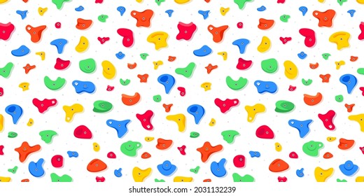 Seamless pattern of climbing grips or holds in the gym bouldering training flat style design vector illustration. Holds for the rock climbing walls. Crimps, jugs, pinches, slopers elements icon signs.