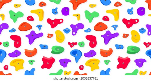 Seamless pattern of climbing grips or holds in the gym bouldering training flat style design vector illustration. Holds for the rock climbing walls. Crimps, jugs, pinches, slopers elements icon signs.