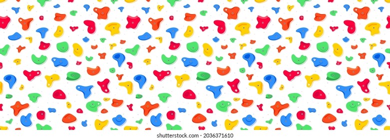 Seamless pattern of climbing grips or holds in the gym bouldering training flat style design vector illustration. Holds for the rock climbing walls. Crimps, jugs, pinches, slopers elements icon signs.