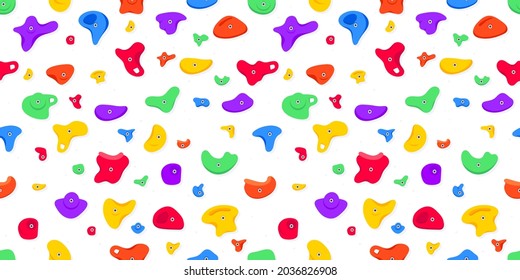 Seamless pattern of climbing grips or holds in the gym bouldering training flat style design vector illustration. Holds for the rock climbing walls. Crimps, jugs, pinches, slopers elements icon signs.