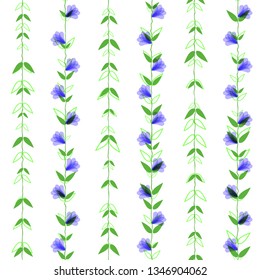 Seamless pattern. Climbing plants with blue flowers and green leaves on white background. Striped ornament. Cute floral texture. Vector illustration