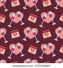 Padrão Perfeito Com Vidros De Champanhe E Calendário Marcado 14 De fevereiro Em Estilo Plano. Textura De Torrada Celebratória Para Tecido, Fundo, Embalagem, Papel De Parede E Design De Superfície