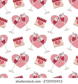 Padrão Perfeito Com Vidros De Champanhe E Calendário Marcado 14 De fevereiro Em Estilo Plano. Textura De Torrada Celebratória Para Tecido, Fundo, Embalagem, Papel De Parede E Design De Superfície