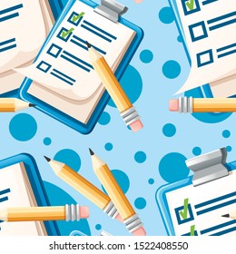 Seamless pattern of clipboard with checklist flat vector illustration on blue background