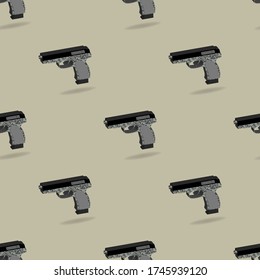 Seamless pattern with clipping mask. 3d gun with shadows staggered