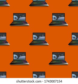 Seamless pattern with clipping mask. A laptop with a backlit keyboard, staggered, on an orange background EPS10