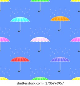 Seamless pattern with clipping mask. Multicolored umbrellas with drops of rain staggered