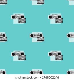 Seamless pattern with clipping mask. Retro dark metal tape cassette and recorder EPS 10