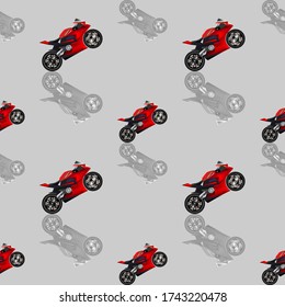 Seamless pattern with clipping mask. Sporty red motorcycle raised on the rear wheel with staggered reflection