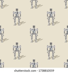 Seamless pattern with clipping mask. Symmetrical metal humanoid robot in staggered with shadows on beige background