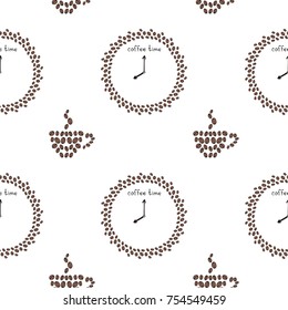 Seamless pattern with a clock "coffee time" cups and grains. Vector image isolated on white.